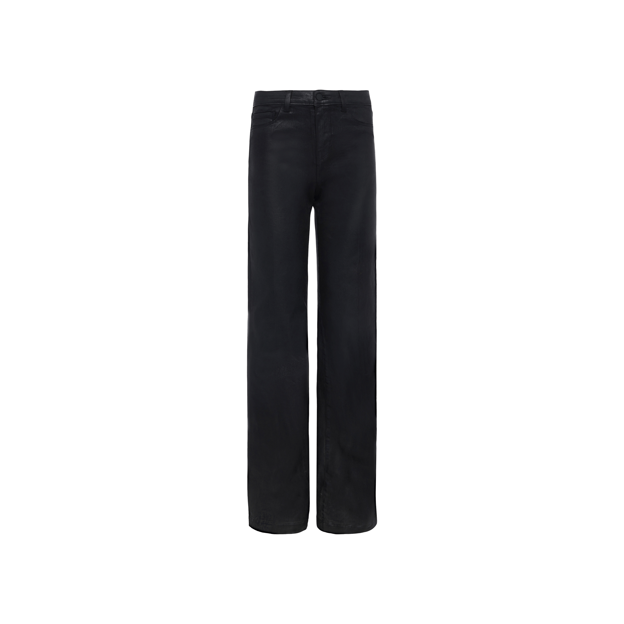 The Clayton Coated Wide-Leg Jean, a black, high-rise pair crafted from coated stretch denim, is showcased against a plain white background.