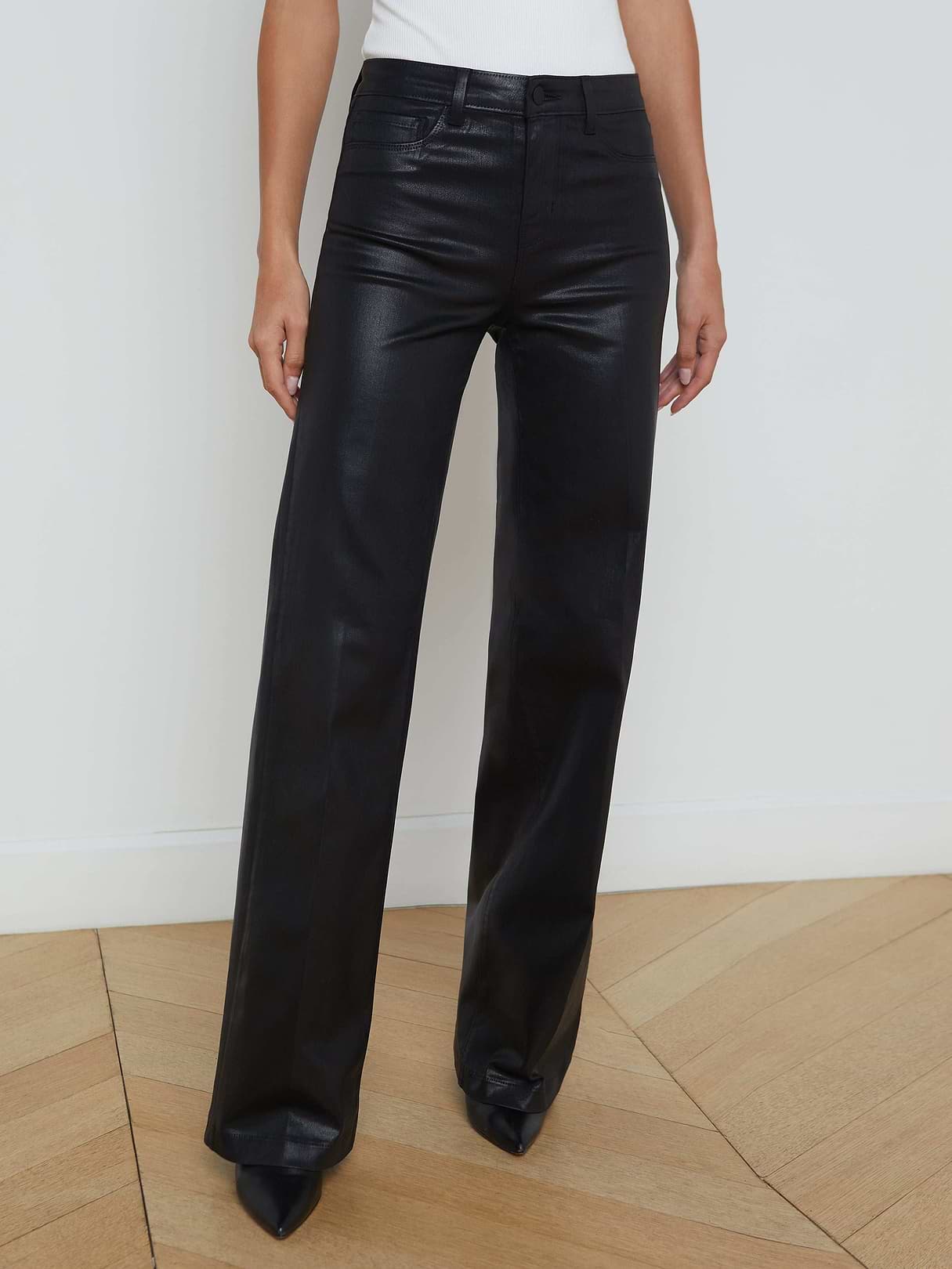 Clayton Coated High-Rise Wide-Leg Jean in Noir Coated | L'AGENCE
