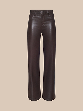 Clayton Coated Wide-Leg Jeans in dark brown, featuring a high-rise waist, straight-leg wide silhouette, front pockets, and a button closure, displayed on a plain beige background.
