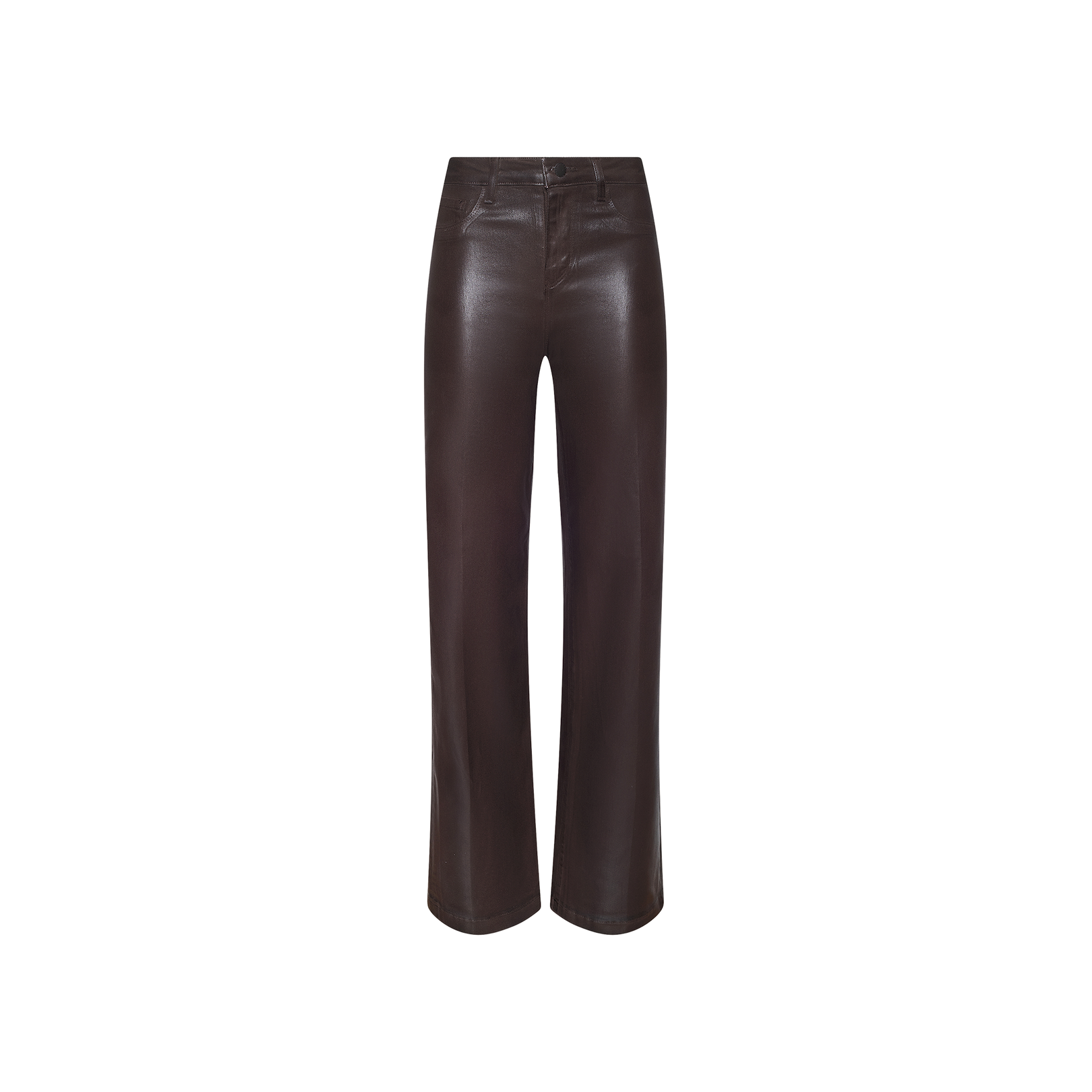 Clayton Coated Wide-Leg Jean in dark brown, featuring a high waist, wide-leg silhouette, front pockets, and a button closure, displayed on a plain white background.