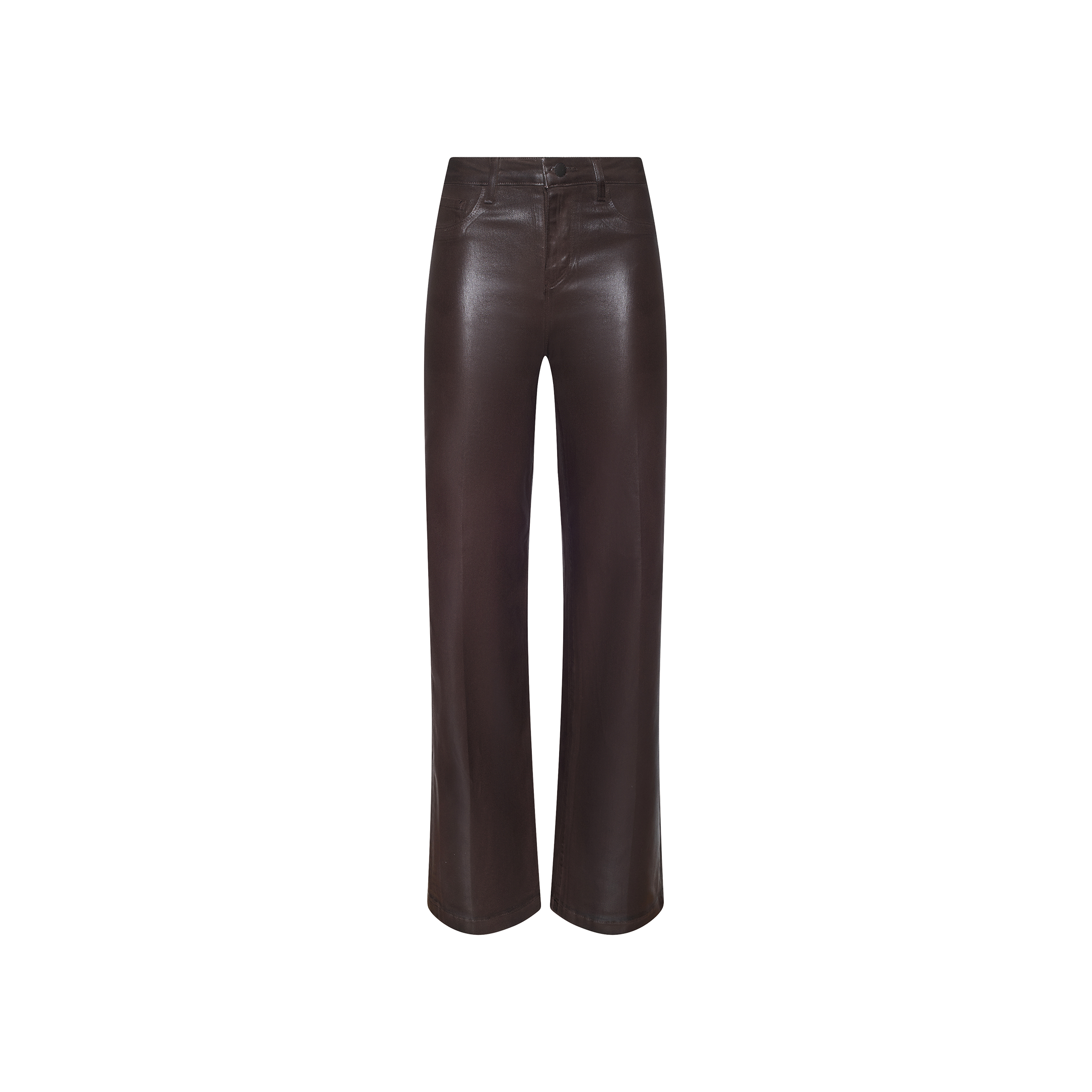 Clayton Coated Wide-Leg Jean in brown, featuring a high-rise, wide-leg silhouette with front pockets and button closure, displayed on a plain white background.