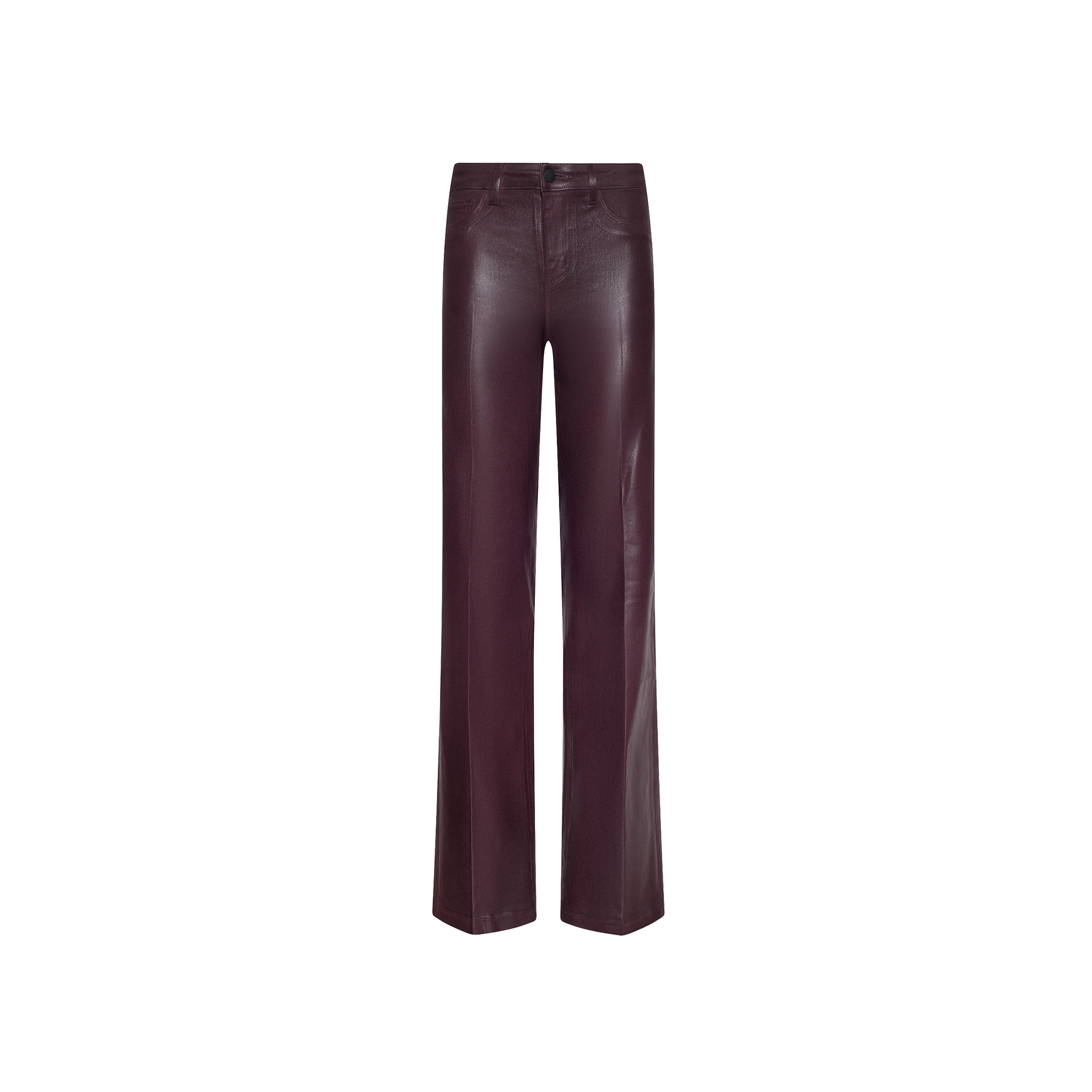 The Clayton Coated Wide-Leg Jean features a contoured high-rise waistband and wide-leg silhouette, crafted from glossy burgundy leather, and is displayed against a plain white background.
