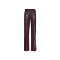 The Clayton Coated Wide-Leg Jean features a contoured high-rise waistband and wide-leg silhouette, crafted from glossy burgundy leather, and is displayed against a plain white background.