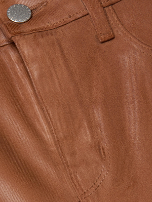 Close-up of the front pocket and contoured waistband on the L'AGENCE Clayton Coated Wide-Leg Jean, featuring brown coated denim, a metallic button, belt loop, and detailed stitching.