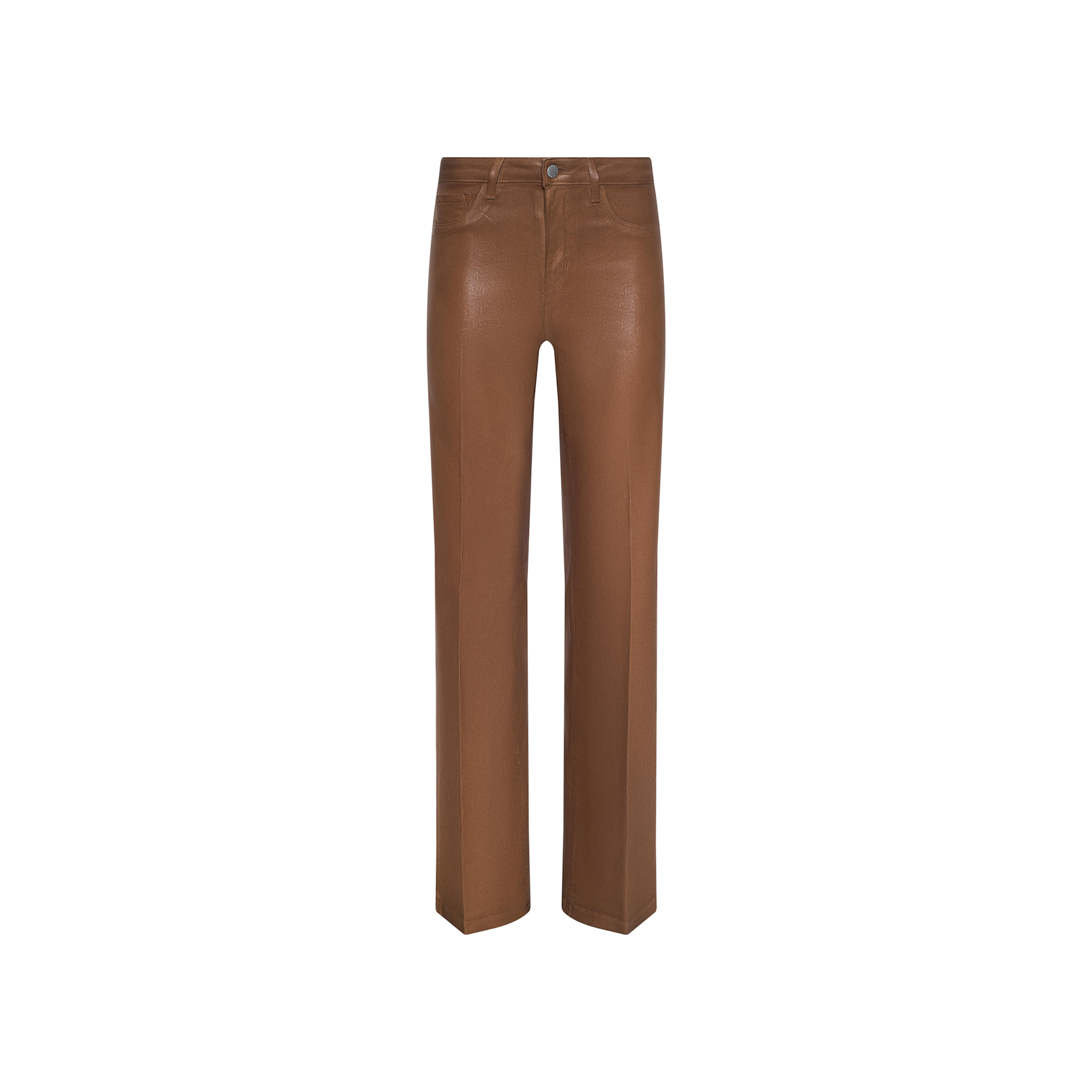 Clayton Coated Wide-Leg Jean in brown faux leather, designed with a high waist and contoured waistband, visible stitching, front button and zip closure, shown against a plain white background.