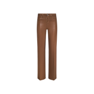 Clayton Coated Wide-Leg Jean in brown faux leather, designed with a high waist and contoured waistband, visible stitching, front button and zip closure, shown against a plain white background.
