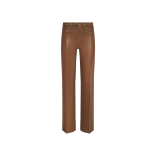 Clayton Coated Wide-Leg Jean in brown faux leather, designed with a high waist and contoured waistband, visible stitching, front button and zip closure, shown against a plain white background.