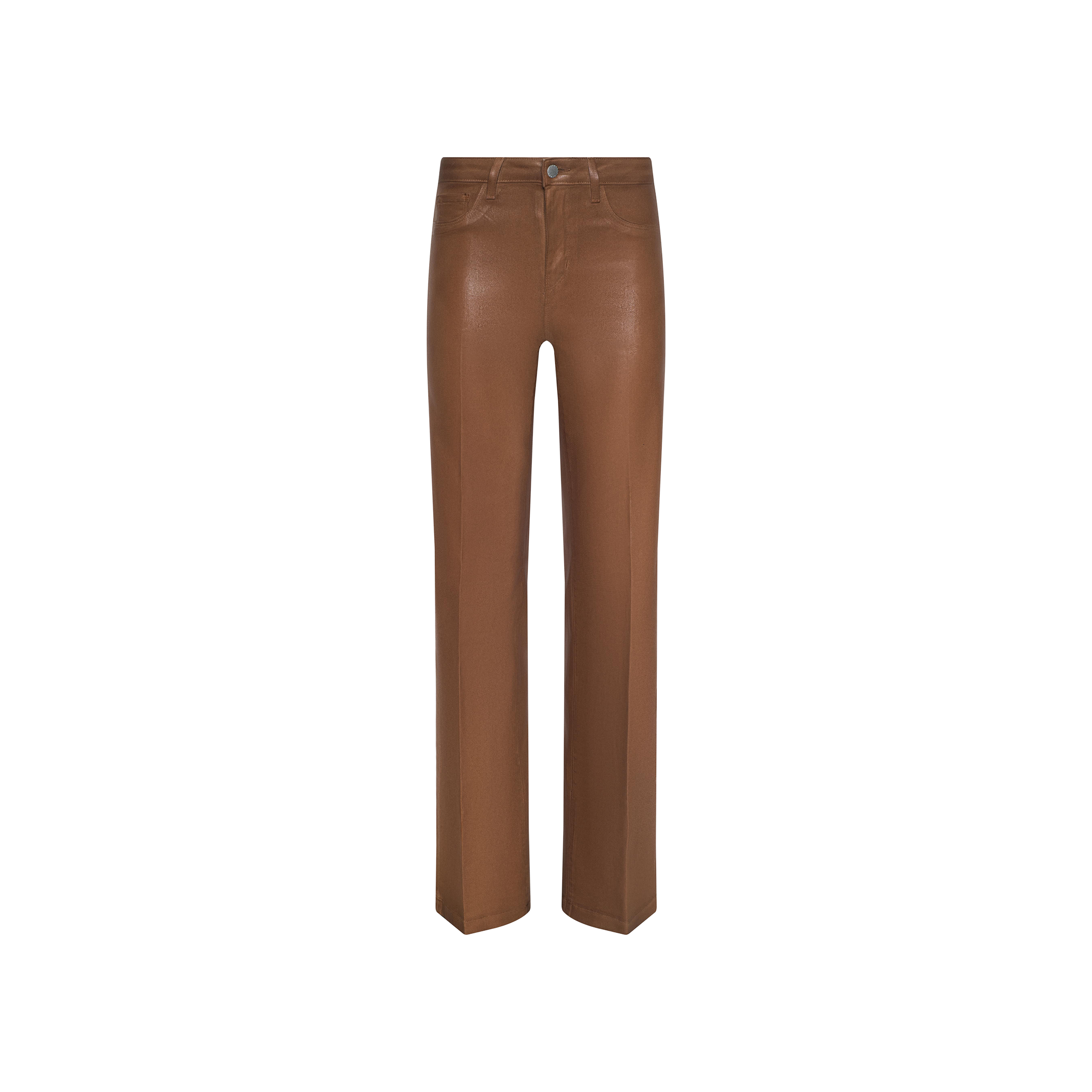 Clayton Coated Wide-Leg Jean in brown faux leather, designed with a high waist and contoured waistband, visible stitching, front button and zip closure, shown against a plain white background.