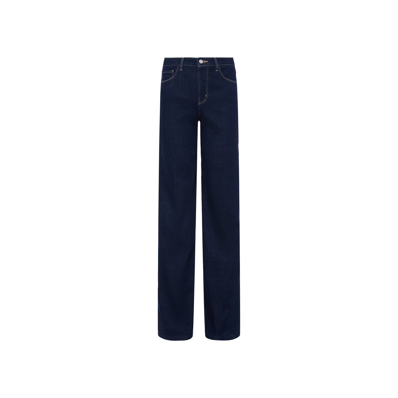 The Clayton Wide-Leg Jean features a dark blue, high-rise design with front pockets, a button closure, and visible white stitching, all showcased against a plain white background. This dark wash wide-leg jean blends classic style with modern details for a versatile wardrobe staple.