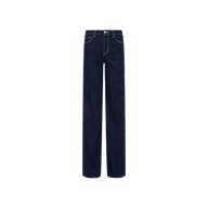 The Clayton Wide-Leg Jean is a dark wash, high-rise style featuring a wide-leg silhouette, front and back pockets, contrast stitching, belt loops, and a button closure. Shown on a plain white background.