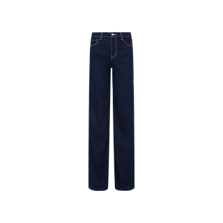 The Clayton Wide-Leg Jean features a dark blue, high-rise design with front pockets, a button closure, and visible white stitching, all showcased against a plain white background. This dark wash wide-leg jean blends classic style with modern details for a versatile wardrobe staple.