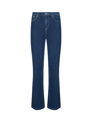 The Clayton Wide-Leg Jean features an indigo wash, high-rise fit, wide legs, front and back pockets, a button closure, and visible stitching details.