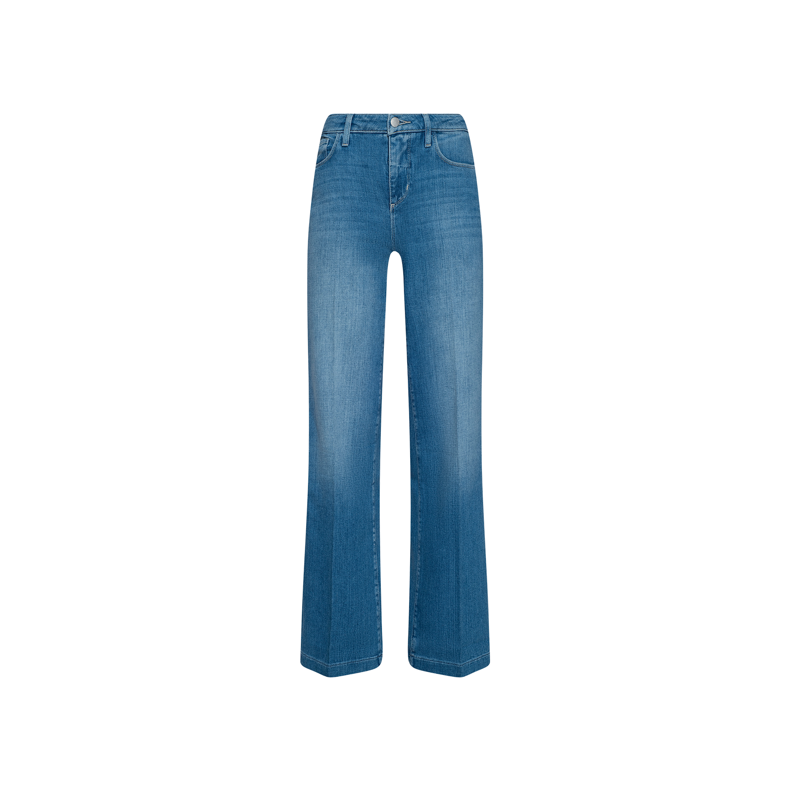 A pair of Clayton Wide-Leg Jeans in blue stretch denim, featuring a high rise, wide legs, and front button and zipper closure, displayed on a plain white background.