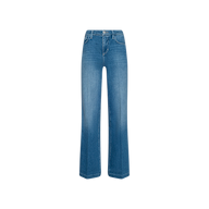 Clayton Wide-Leg Jean in blue, featuring a high-waisted wide-leg silhouette crafted from stretch denim with a subtle fade, front button and zipper closure, and classic five-pocket design, displayed on a plain white background.
