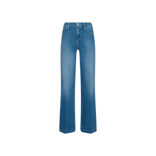 A pair of Clayton Wide-Leg Jeans in blue stretch denim, featuring a high rise, wide legs, and front button and zipper closure, displayed on a plain white background.