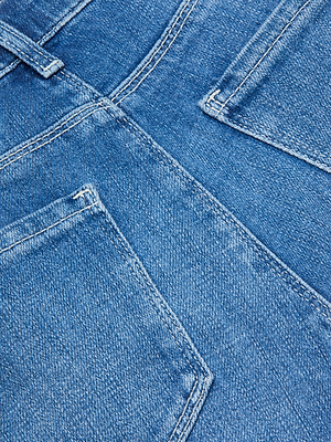 Close-up view of the Clayton Wide-Leg Jean in blue stretch denim, highlighting two back pockets and detailed stitching on a high-rise design.