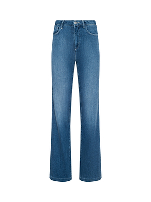 The Clayton Wide-Leg Jean features stretch denim in blue, a classic five-pocket design, button and zipper closure, and subtle front fading. Shown against a white background.