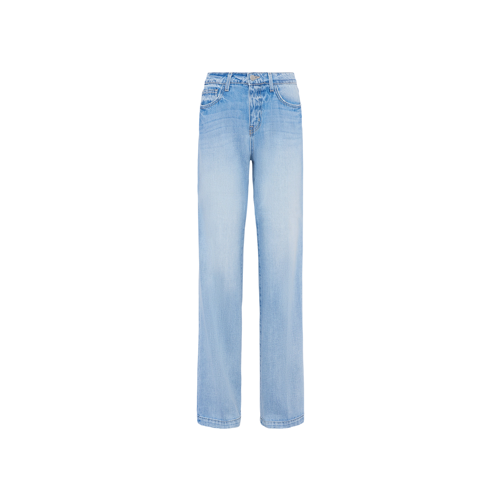 The Clayton Wide-Leg Jean, crafted from all-cotton denim in a light blue wash, is displayed on a plain white background. These jeans feature a classic five-pocket design and a high-rise waist, with subtle fading on the front and thighs for a slightly worn look.