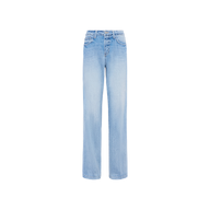 The Clayton Wide-Leg Jean features a light blue wash, high-rise fit, classic five-pocket styling, and subtle fading on the thighs, shown against a plain white background.