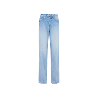 The Clayton Wide-Leg Jean, crafted from all-cotton denim in a light blue wash, is displayed on a plain white background. These jeans feature a classic five-pocket design and a high-rise waist, with subtle fading on the front and thighs for a slightly worn look.