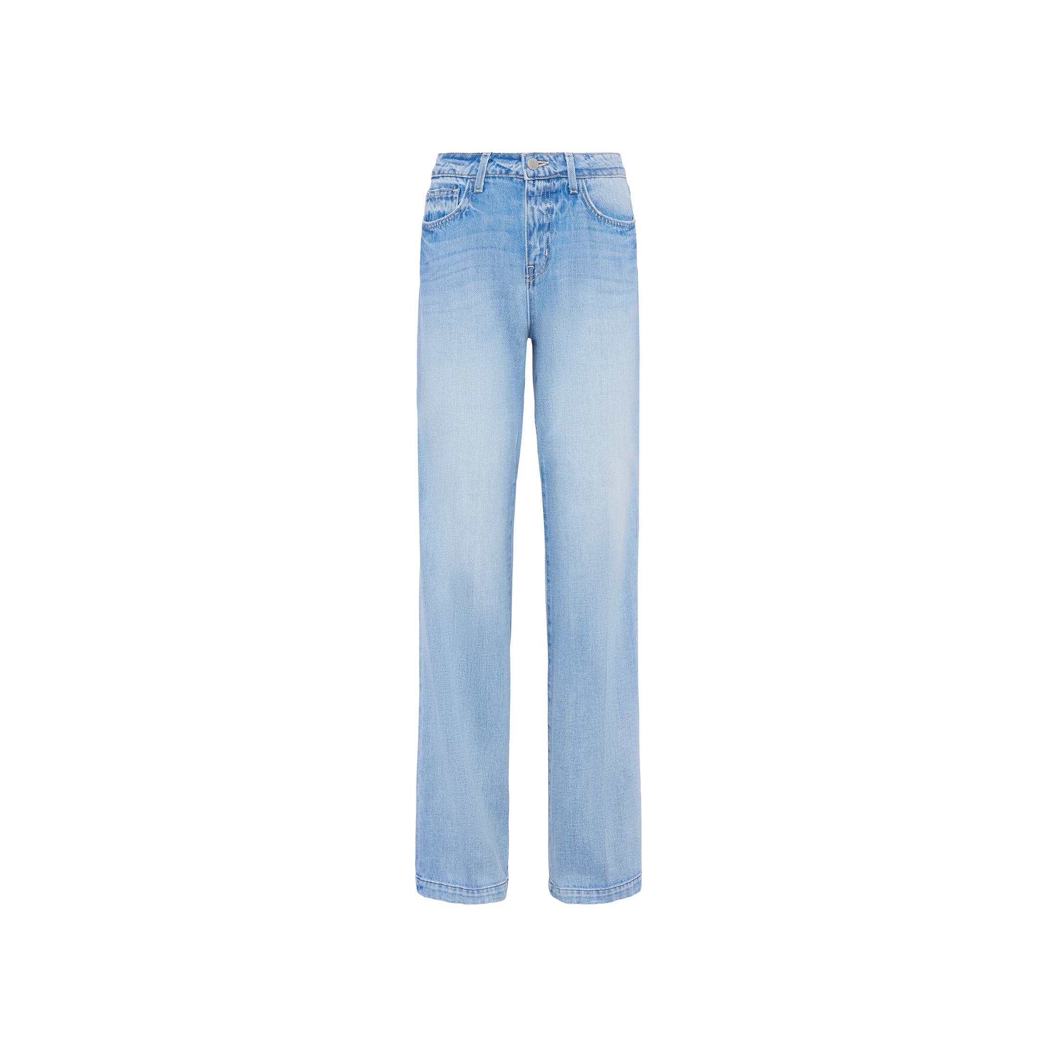 The Clayton Wide-Leg Jean features a light blue wash, high-rise fit, classic five-pocket styling, and subtle fading on the thighs, shown against a plain white background.