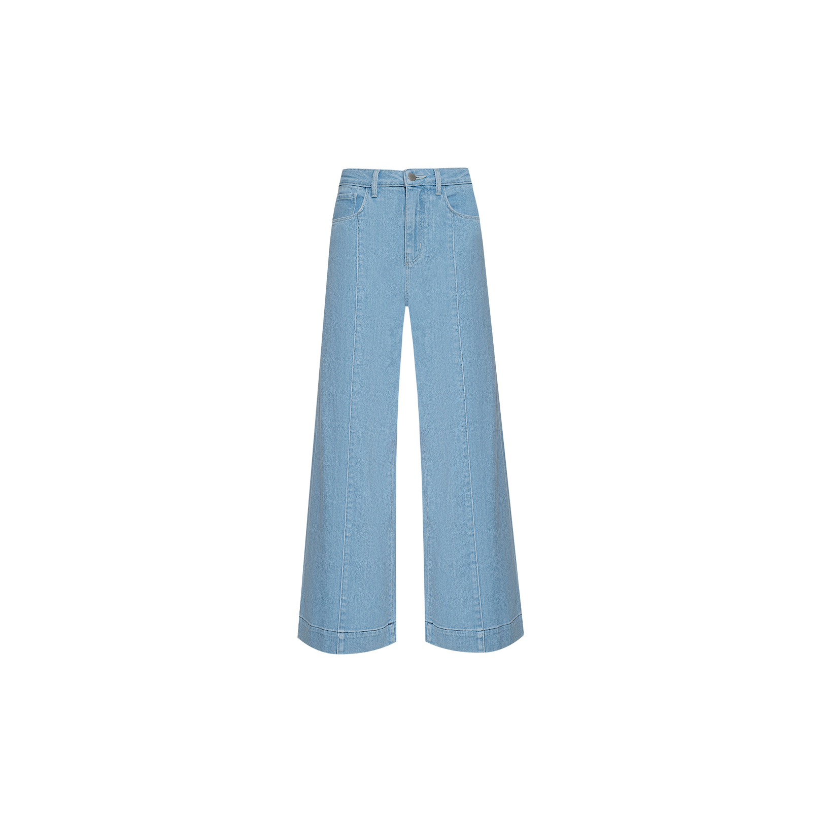 The Houston Cropped Wide-Leg Jean in light blue features a high-rise fit, front pockets, a button and zip closure, and visible stitching. Crafted from comfortable stretch denim, these cropped wide-leg jeans are displayed on a plain white background.