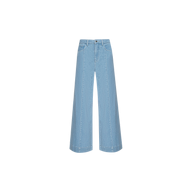 The Houston Cropped Wide-Leg Jean in light blue features a high-rise fit, front pockets, a button and zip closure, and visible stitching. Crafted from comfortable stretch denim, these cropped wide-leg jeans are displayed on a plain white background.