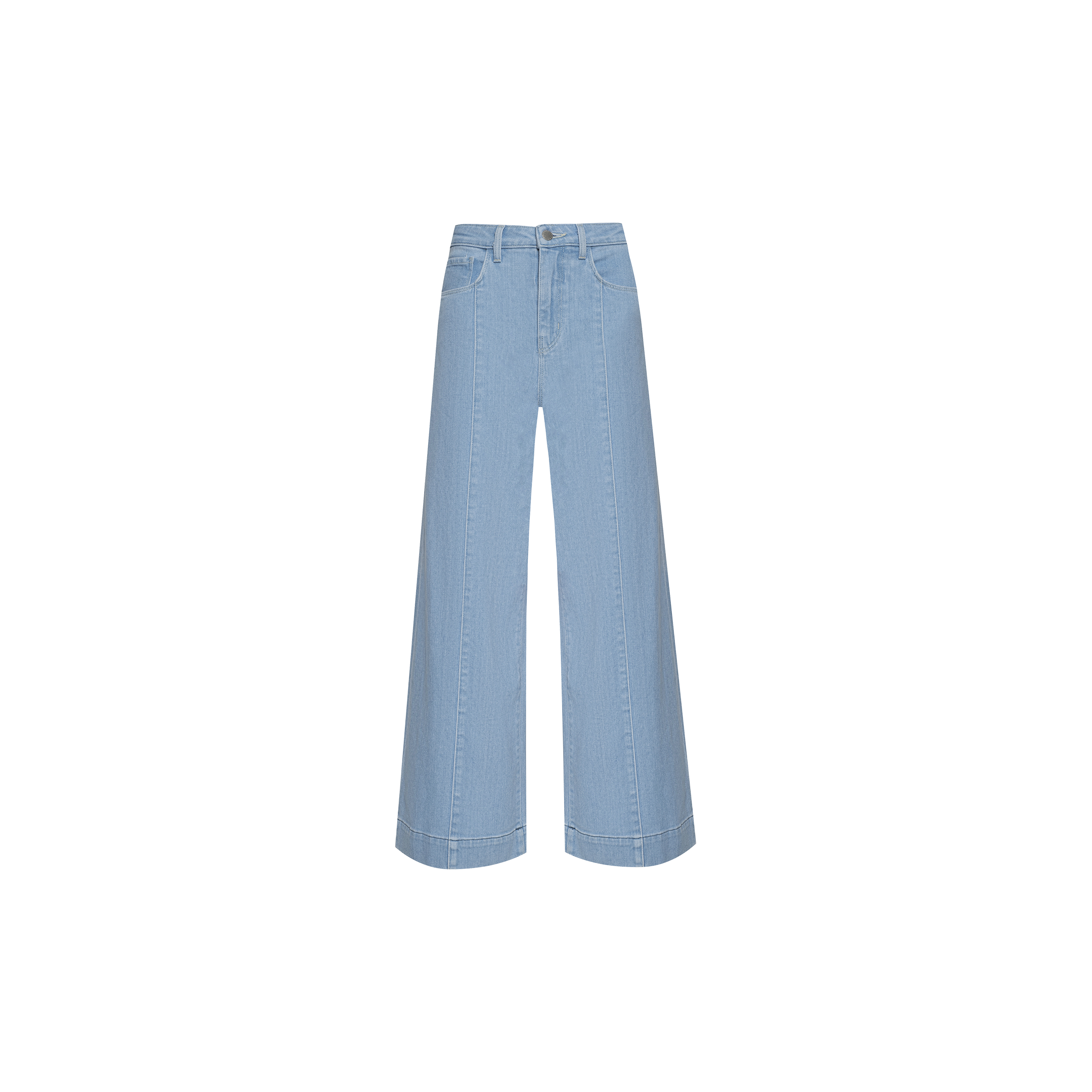 The Houston Cropped Wide-Leg Jean in light blue features a high-rise fit, front pockets, a button and zip closure, and visible stitching. Crafted from comfortable stretch denim, these cropped wide-leg jeans are displayed on a plain white background.