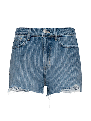 The Clark Distressed Jean Short features high-rise, all-cotton denim with blue and white pinstripes, a button and zip closure, front and back pockets, frayed hems, and distressed details near the legs.