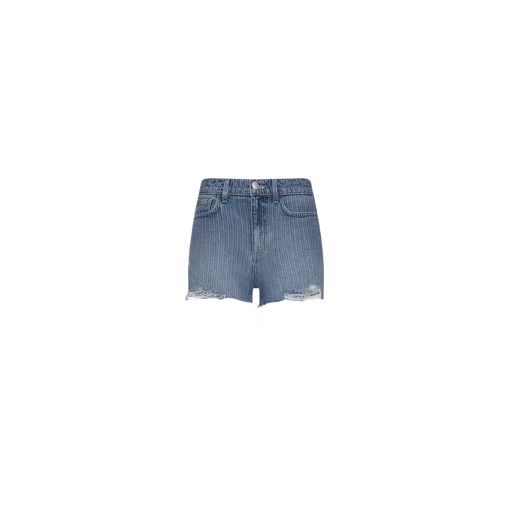 The Clark Distressed Jean Short features blue all-cotton denim with a subtle vertical stripe pattern, frayed hems, and light distressing near the leg openings, shown against a plain white background.