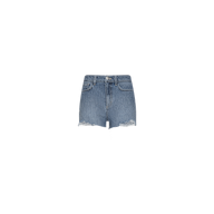 Clark Distressed Jean Short features blue denim in a high rise silhouette with vertical pinstripes, front pockets, and distressed hems. Made from 100 cotton denim and shown against a plain white background.