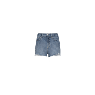 The Clark Distressed Jean Short features blue all-cotton denim with a subtle vertical stripe pattern, frayed hems, and light distressing near the leg openings, shown against a plain white background.