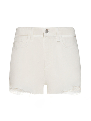 The Clark Distressed Jean Short features a high-rise, all-cotton denim design with a button closure, belt loops, front and back pockets, and frayed hems.