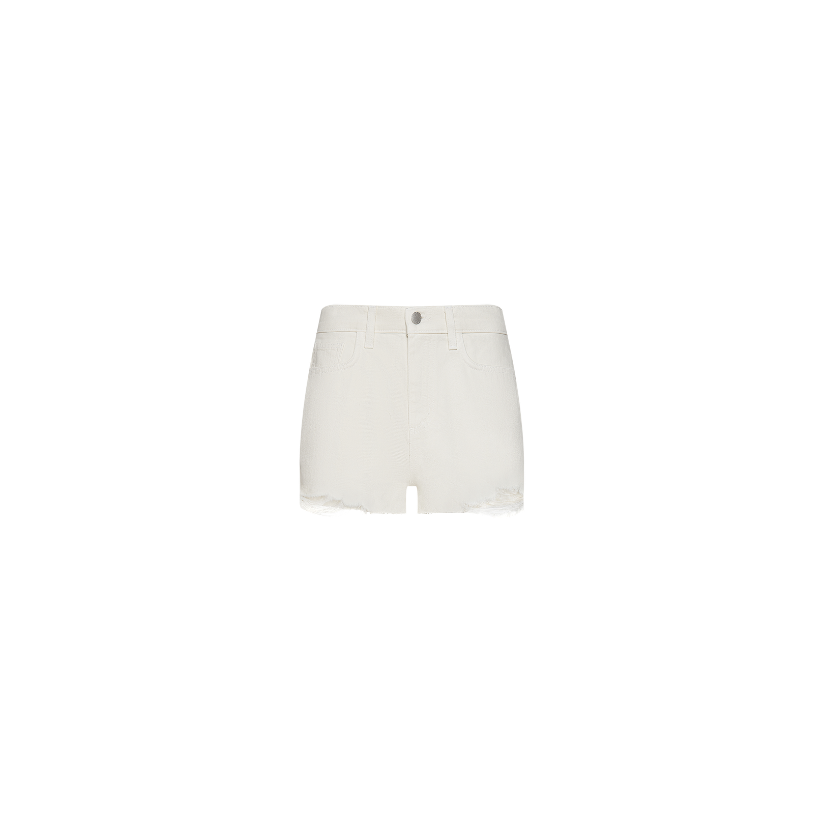 The Clark Distressed Jean Short features a high-rise fit with a frayed hem, front and back pockets, and a button closure. Made from 100 cotton denim in white, these shorts are showcased against a plain white background.
