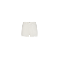 Clark Distressed Jean Short featuring frayed hems, a high-rise fit, front zipper with button closure, and front pockets. Crafted from all-cotton denim for comfort and style, displayed against a plain white background.
