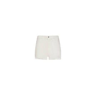 The Clark Distressed Jean Short features a high-rise fit with a frayed hem, front and back pockets, and a button closure. Made from 100 cotton denim in white, these shorts are showcased against a plain white background.