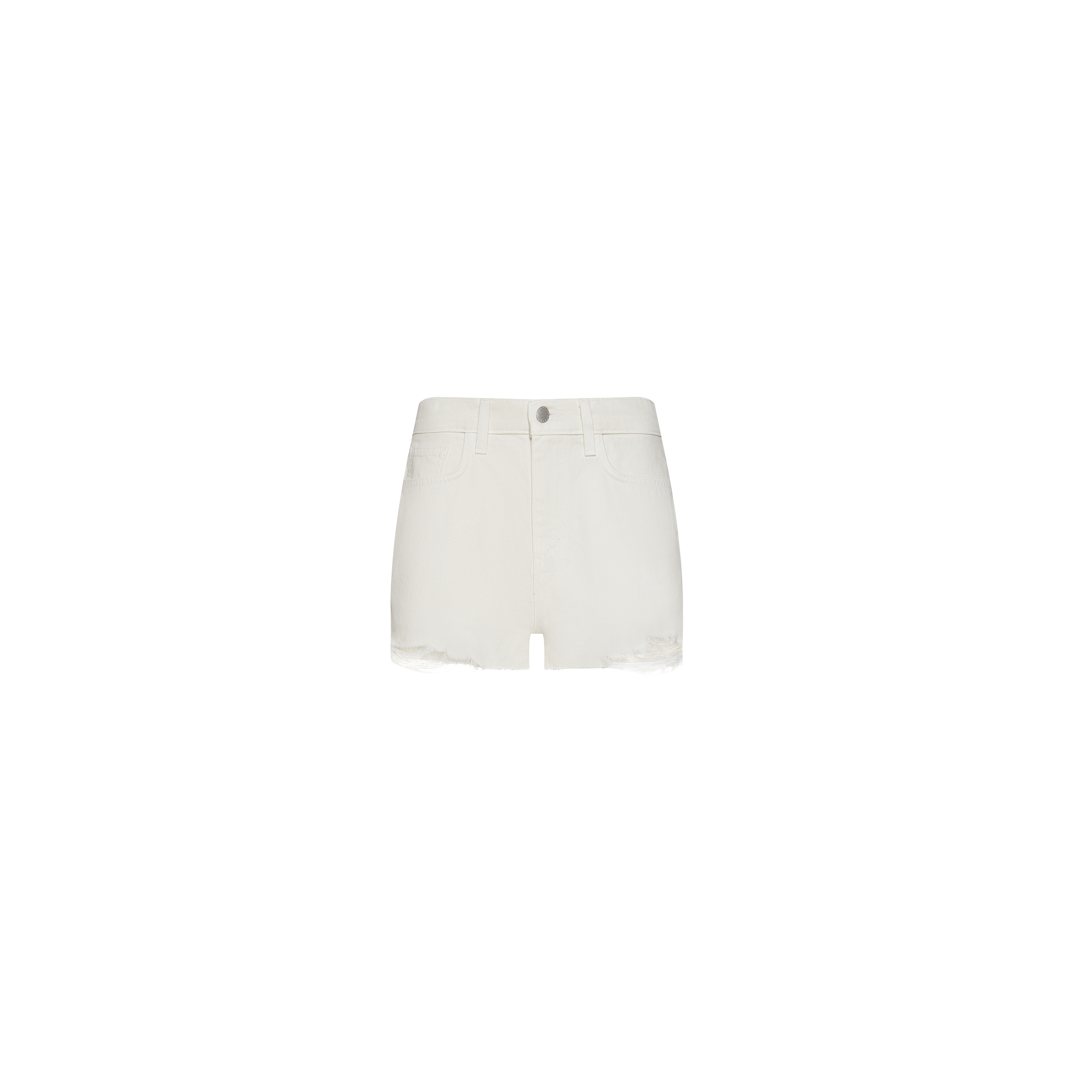 Clark Distressed Jean Short featuring frayed hems, a high-rise fit, front zipper with button closure, and front pockets. Crafted from all-cotton denim for comfort and style, displayed against a plain white background.