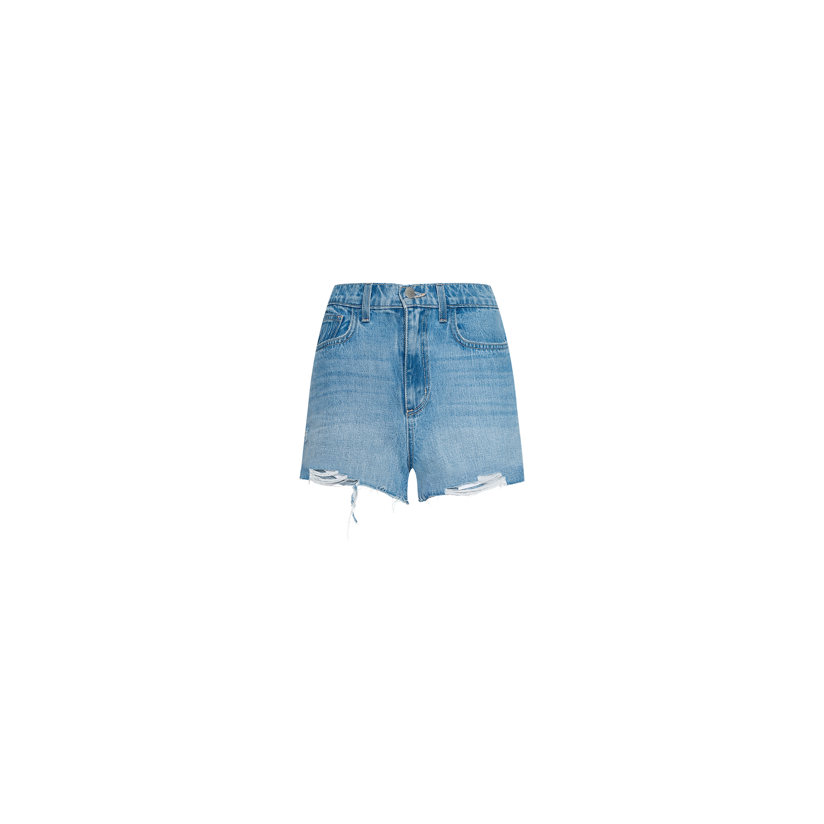 The Clark Distressed Jean Short is a pair of light blue, light wash high-rise denim shorts featuring a frayed hem and distressed details near the front bottom edges, shown on a plain white background.