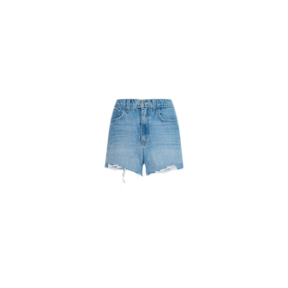 The Clark Distressed Jean Short is a pair of light blue, light wash high-rise denim shorts featuring a frayed hem and distressed details near the front bottom edges, shown on a plain white background.
