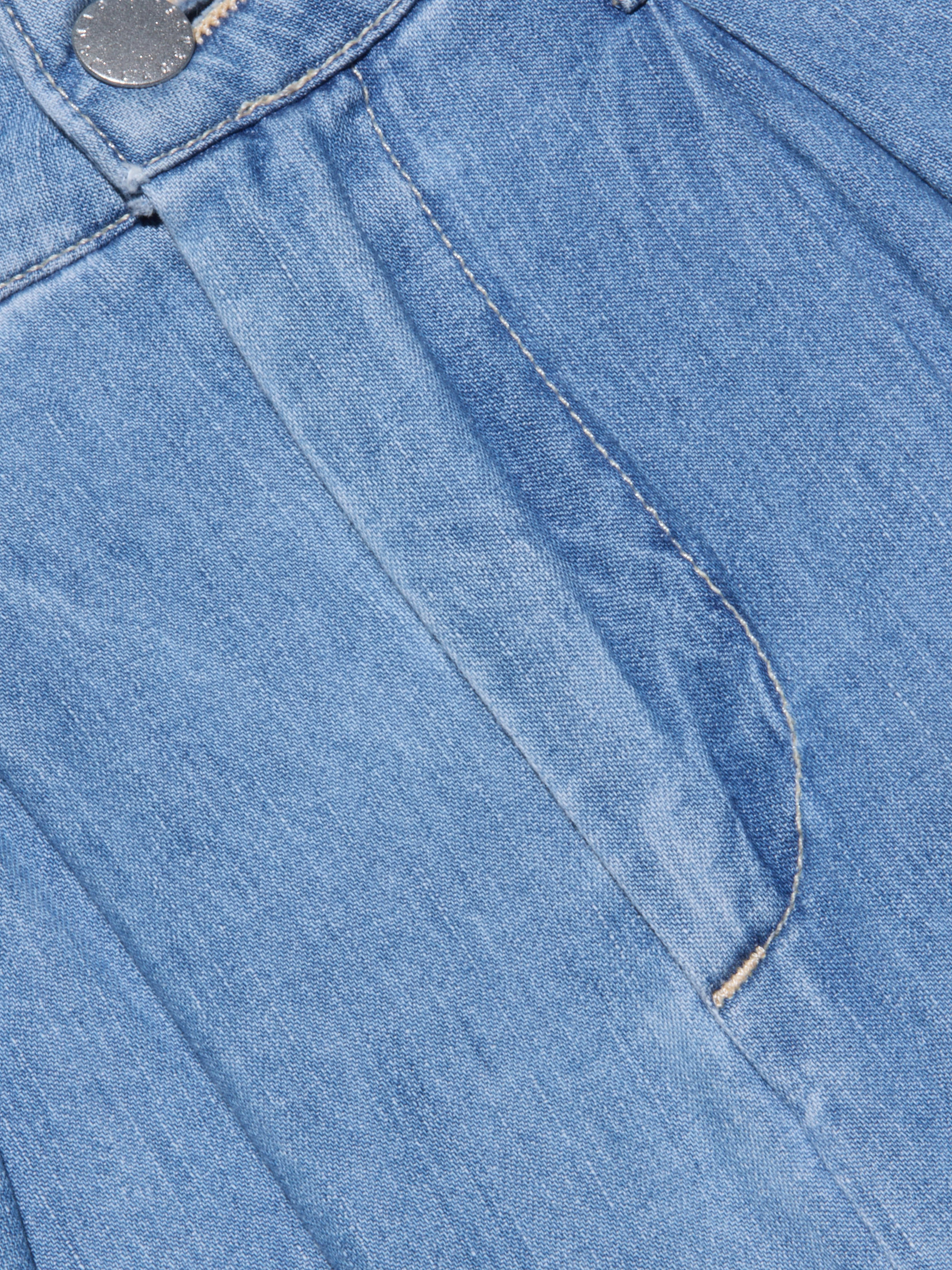 Close-up of the front of the Lorenza Palazzo Jean in blue denim, featuring the waistband, button, zipper fly, and detailed stitching on a high-rise palazzo leg.