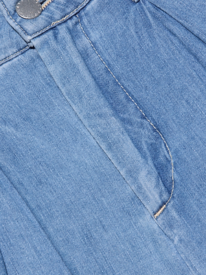 Close-up of light blue denim fabric featuring the Lorenza Palazzo Jeans waistband with a metal button, belt loop, and detailed stitching—highlighting its wide-leg palazzo style.