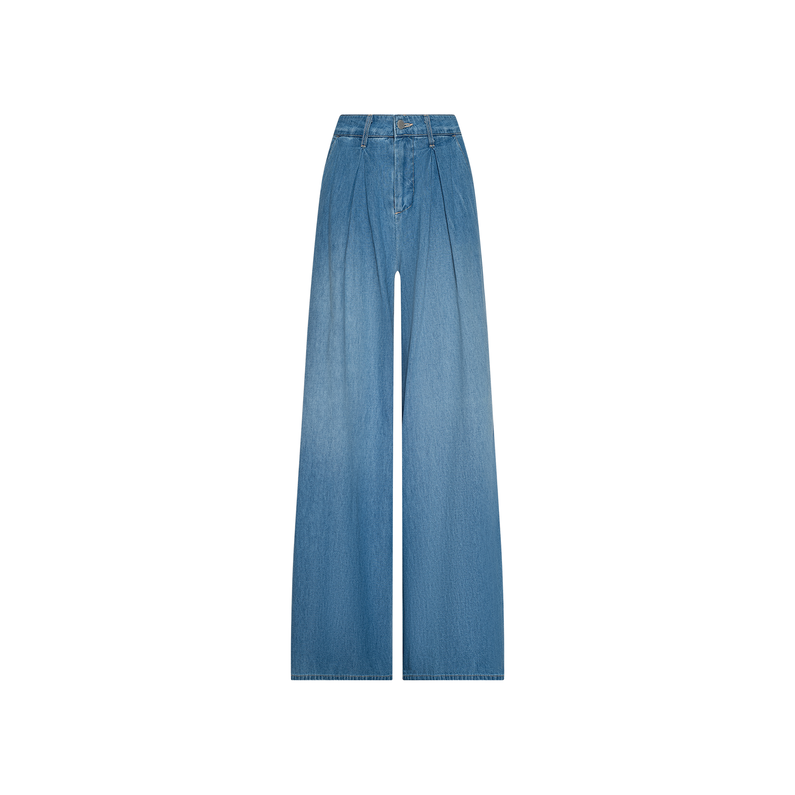 The Lorenza Palazzo Jean is a high-rise, wide-leg blue jean displayed on a white background. This style features front pleats, belt loops, and a button-and-zipper closure.