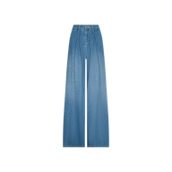 The Lorenza Palazzo Jean is a high-rise, wide-leg blue jean displayed on a white background. This style features front pleats, belt loops, and a button-and-zipper closure.