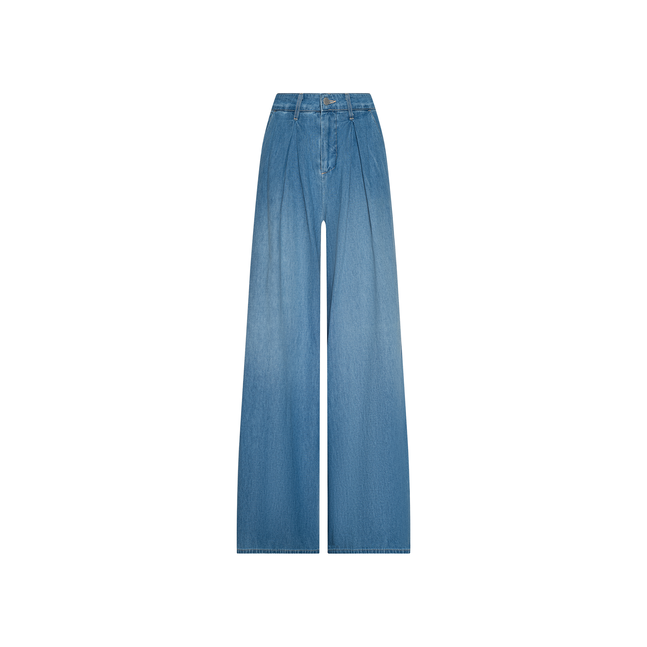 The Lorenza Palazzo Jean is a high-rise, wide-leg blue jean displayed on a white background. This style features front pleats, belt loops, and a button-and-zipper closure.