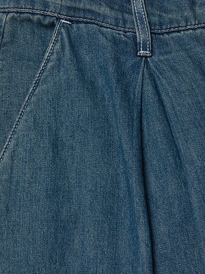 Close-up of the Lorenza Palazzo Jean in blue vintage-wash denim, highlighting the waistband, belt loop, pleats, and stitching details.