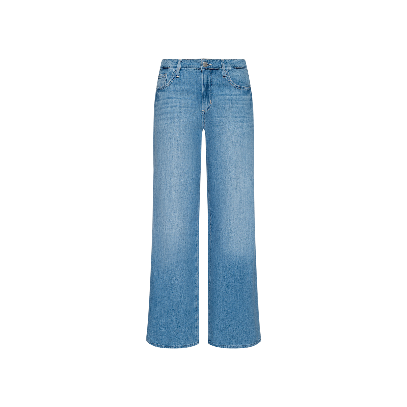 The Alicent Wide-Leg Jean in a light blue, high-rise, wide-leg silhouette features a light indigo wash, front and back pockets, and a button-and-zip closure, displayed on a plain white background.