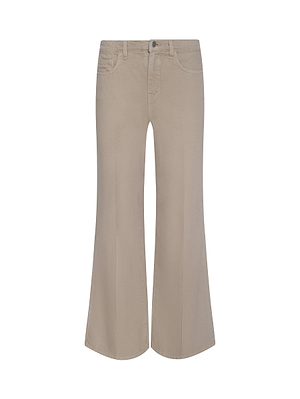 The Alicent Wide-Leg Jean by L'AGENCE Sale features a pale khaki wash, high waist, wide legs, front and back pockets, button closure, and belt loops in sneaker length, shown on a white background.
