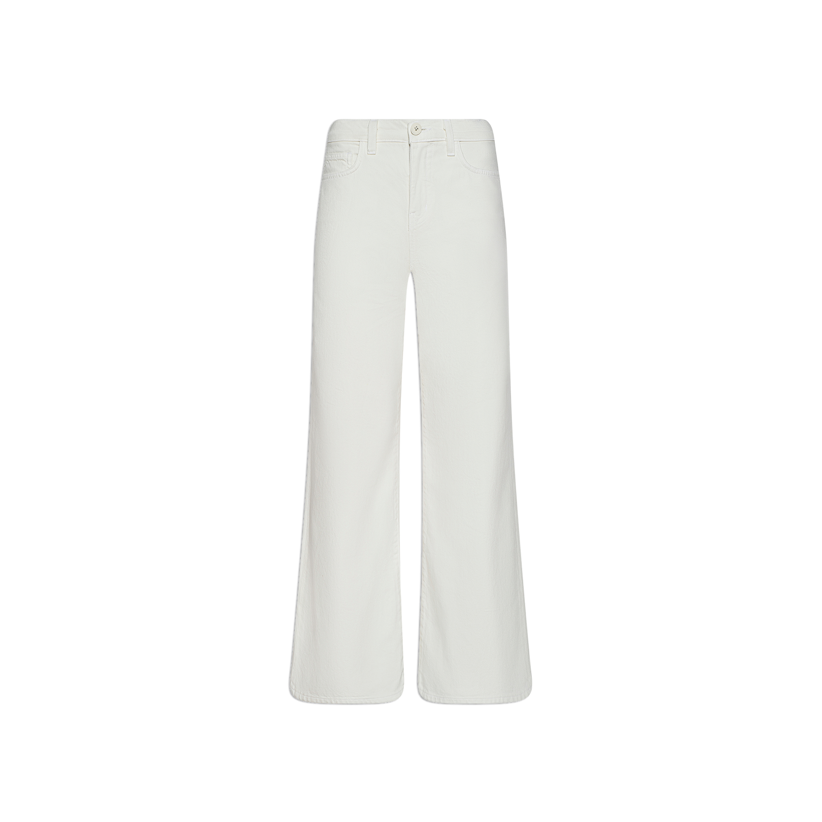 Alicent Wide-Leg Jean in white features a high-rise, sneaker-length wide-leg silhouette, button and zip closure, and front pockets, displayed on a plain white background. This modern design combines classic details for a contemporary look.