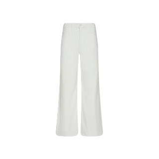 Alicent Wide-Leg Jean in white features a high-rise, sneaker-length wide-leg silhouette, button and zip closure, and front pockets, displayed on a plain white background. This modern design combines classic details for a contemporary look.