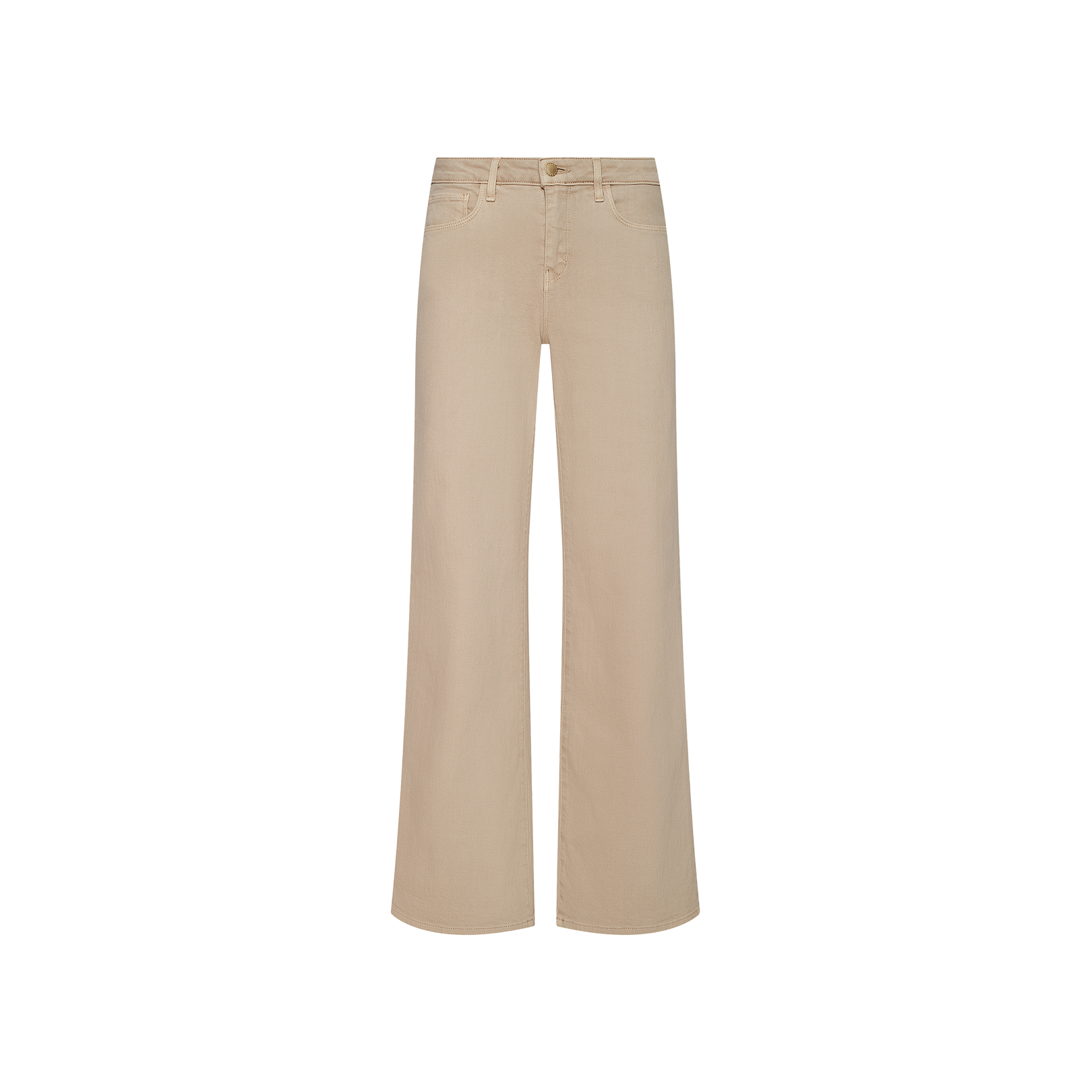 The Alicent Wide-Leg Jean is a beige, high-waisted, sneaker-length style featuring front and back pockets with a button and zipper closure, displayed on a plain white background.